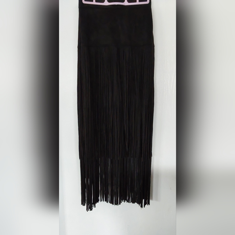 WOMENS FAUX SUEDE FRINGE BLACK MAXI SKIRT M - Picture 2 of 7